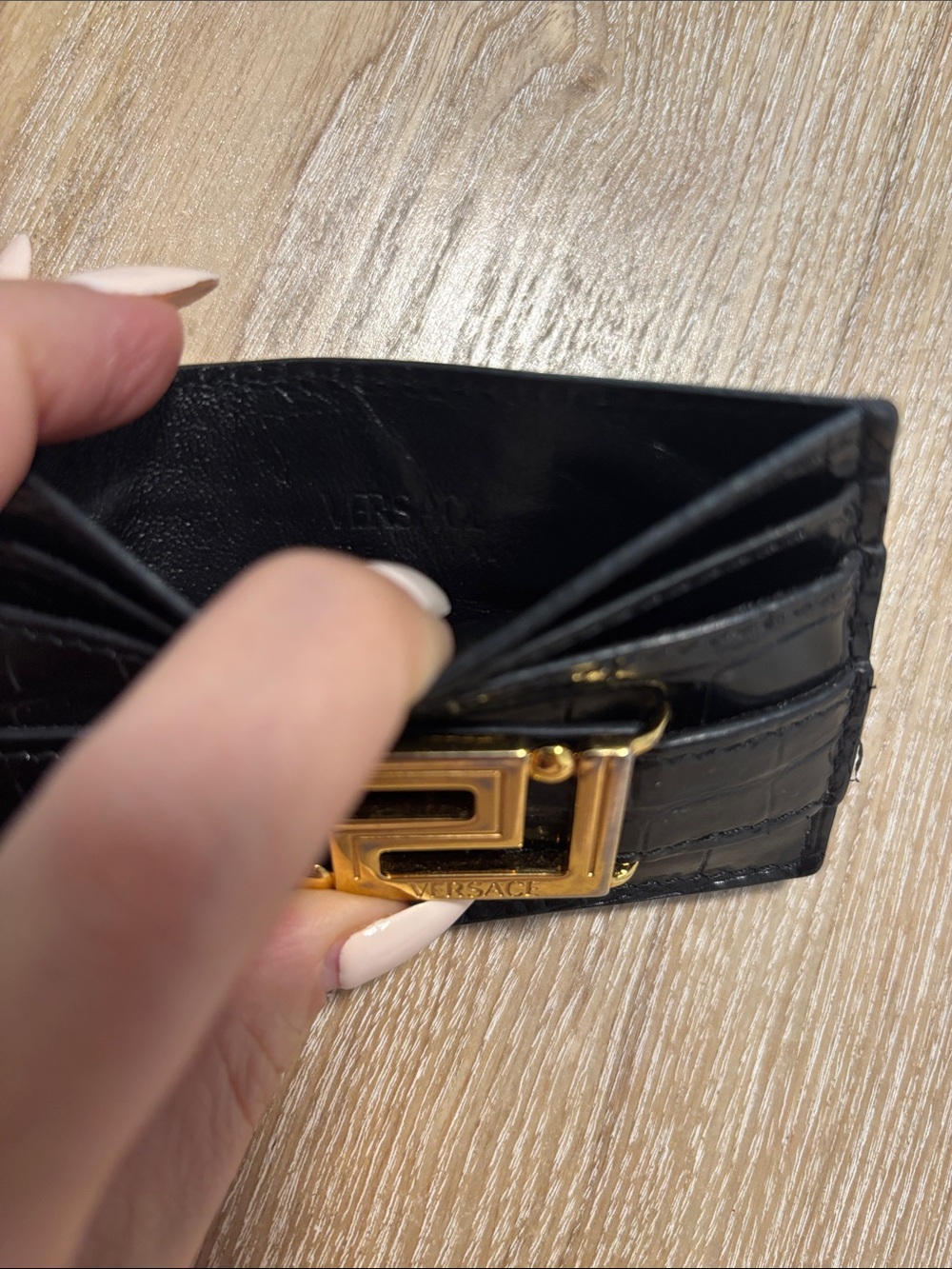 Versace Black Croc-Embossed Card Holder with Gold Medusa Buckle - Picture 3 of 4